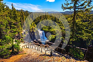 Salt Creek Falls with a wooden railing in Oregon, USA