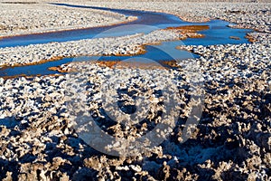 Salt crust in the shore of Chaxa lagoon in the middle of the Salar de Atacama Atacama Salt Lake, Soncor, Atacama desert