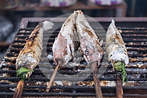 Salt-Crusted Grilled Fish for sale at food market