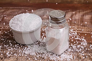 Salt crystals in a bowl. Brazilian Sal Grosso photo