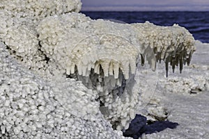 Salt crystals stalactites of the Dead Sea closeup