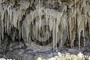 Salt crystals stalactites of the Dead Sea closeup