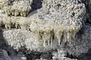 Salt crystals stalactites of the Dead Sea closeup