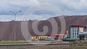 Salt dump. Wagons with potash fertilizers are being prepared for shipment. Freight car behind barbed wire. Sanctions.