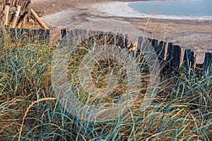 Salt evaporation lake shores. An industrial salt plant produces - natural sea salt