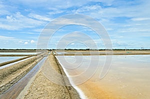 Salt evaporation pond against blue sky