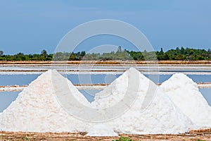 Salt evaporation pond, salt pile in Thailand, salt pan