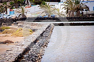 Salt evaporation ponds in Salinas, Lanzarote,