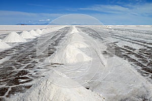 Salt Extraction Area on Salar de Uyuni, the World`s Largest Salt Flats in Bolivia