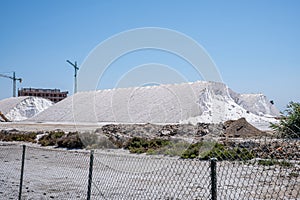 Salt extraction comes to life with a mountainous pile set under a clear blue sky, showing the starkness of the industry.