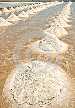 Salt fields with piled up sea salt of Thailand