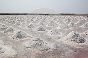 Salt fields with piled up sea salt in Thailand