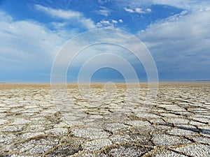 Salt flat polygons in desert and blue sky , Aran Lake , Iran