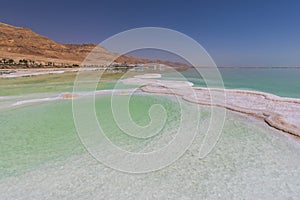 Salt formation in Ein Bokek hotel and resort district on the shore of the Dead Sea, near Neve Zohar, Israel photo