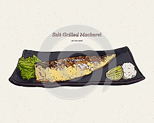 Salt Grilled Mackerel, hand draw sketch vector