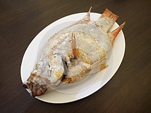 Salt-grilled ruby â€‹â€‹fish placed on a white plastic plate