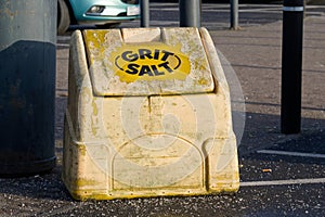 Salt grit yellow container for winter road safety on council road