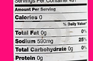 Salt ingredients and label indicating zero gram fat