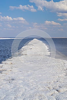 Salt lake Baskunchak in the Astrakhan region in Russia. The largest salt Deposit.The salt trail is washed by a salt lake. place