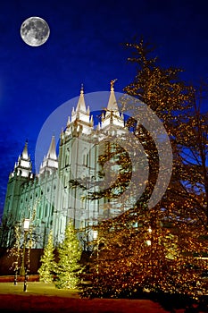 Salt Lake City Mormon LDS Latter-day Saint Temple for Religion Christmas Lights with Full Moon