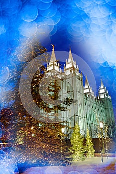 Salt Lake City Mormon LDS Latter-day Saint Temple for Religion Christmas Lights Out of Focus