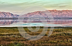 Salt Lake City - Sunset View of a Lake, Mountains and Meadows