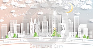 Salt Lake City Utah City Skyline in Paper Cut Style with Snowflakes, Moon and Neon Garland