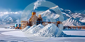 Salt Lake City Utah desert landscape with salt mining factory at Lake Bonneville and piles of white