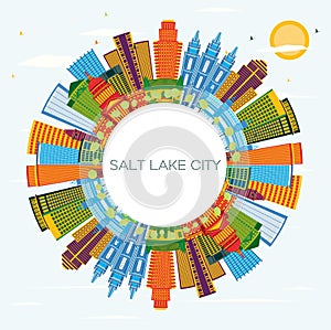 Salt Lake City Utah Skyline with Color Buildings, Blue Sky and Copy Space