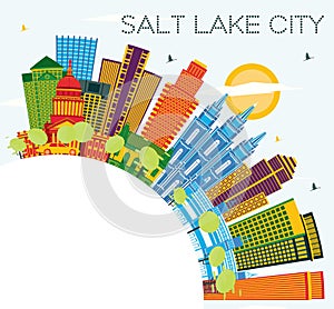 Salt Lake City Utah Skyline with Color Buildings, Blue Sky and Copy Space