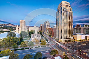 Salt Lake City, Utah, USA downtown cityscape over Temple Square