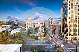 Salt Lake City, Utah, USA downtown cityscape over Temple Square