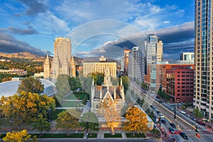 Salt Lake City, Utah, USA downtown cityscape over Temple Square