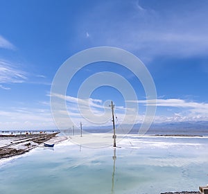 Salt Lake landscape with blue boat, named Chaka Salt Lake, is located in Qinghai Province, China