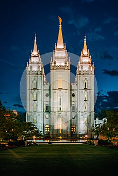 The Salt Lake LDS Temple at night, at Temple Square, in Salt Lake City, Utah