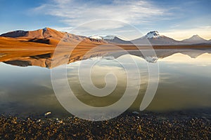 Salt lake Lejia reflection, idyllic volcanic landscape at Sunset, Atacama, Chile photo