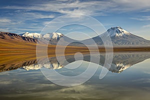 Salt lake Lejia reflection, idyllic volcanic landscape at Sunset, Atacama, Chile photo