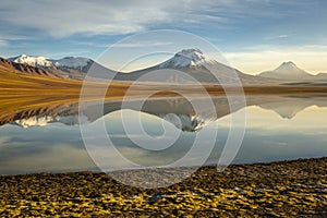 Salt lake Lejia reflection, idyllic volcanic landscape at Sunset, Atacama, Chile photo