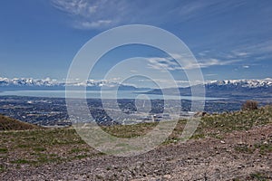 Salt Lake and Utah County Valley views from Sensei Lolo loop trail snowy mountain valley in Lone Peak UTah