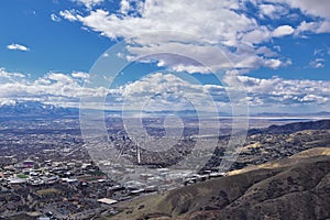 Salt Lake Valley and City panoramic views from the Red Butte Trail to the Living Room, Wasatch Front, Rocky Mountains in Utah