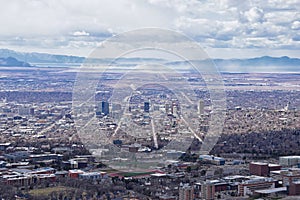 Salt Lake Valley and City panoramic views from the Red Butte Trail to the Living Room, Wasatch Front, Rocky Mountains in Utah