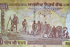 Sale marzo pure conosciuto come dandy marzo sul inversione da 500 rupia banconote, soldi dettagliato 