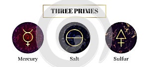 Salt, mercury, sulfur. Set of Alchemical symbols.