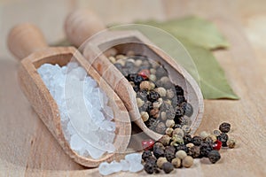 Salt and mixed pepper on spice scoops