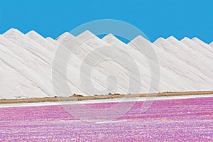 Salt mountains with pink salt lake