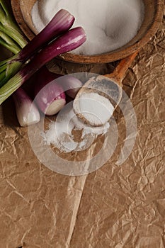 Salt with onions on crumpled paper