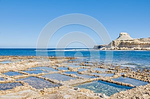 Salt pans near Qbajjar in Gozo, Malta.