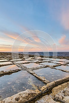 Salt pans near Qbajjar in Gozo, Malta.