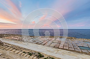 Salt pans near Qbajjar in Gozo, Malta.