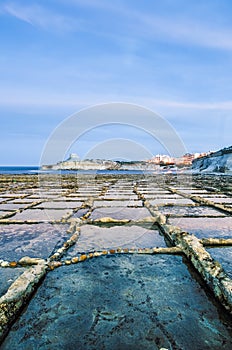 Salt pans near Qbajjar in Gozo, Malta.